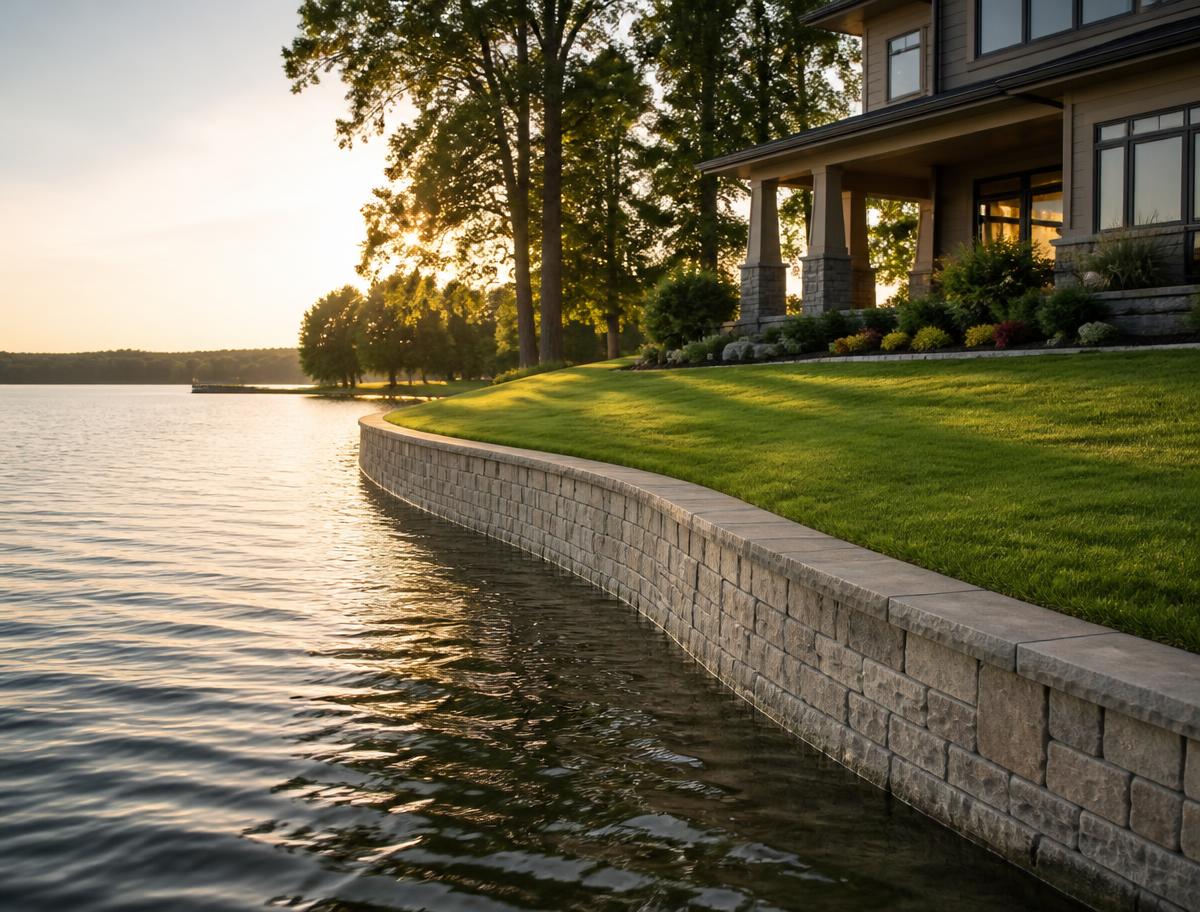 Stacked-stone sea wall along a residential lakefront at golden hour