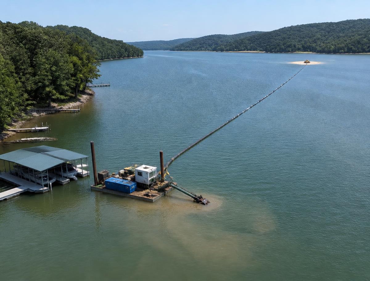 Barge-mounted dredge working along a TVA lake shoreline