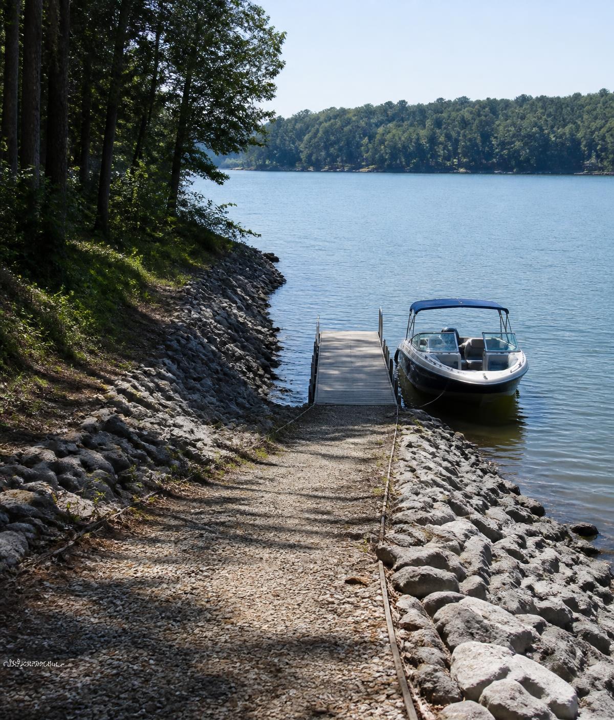 Georgia lake shoreline with a boat moored beside a gravel access path