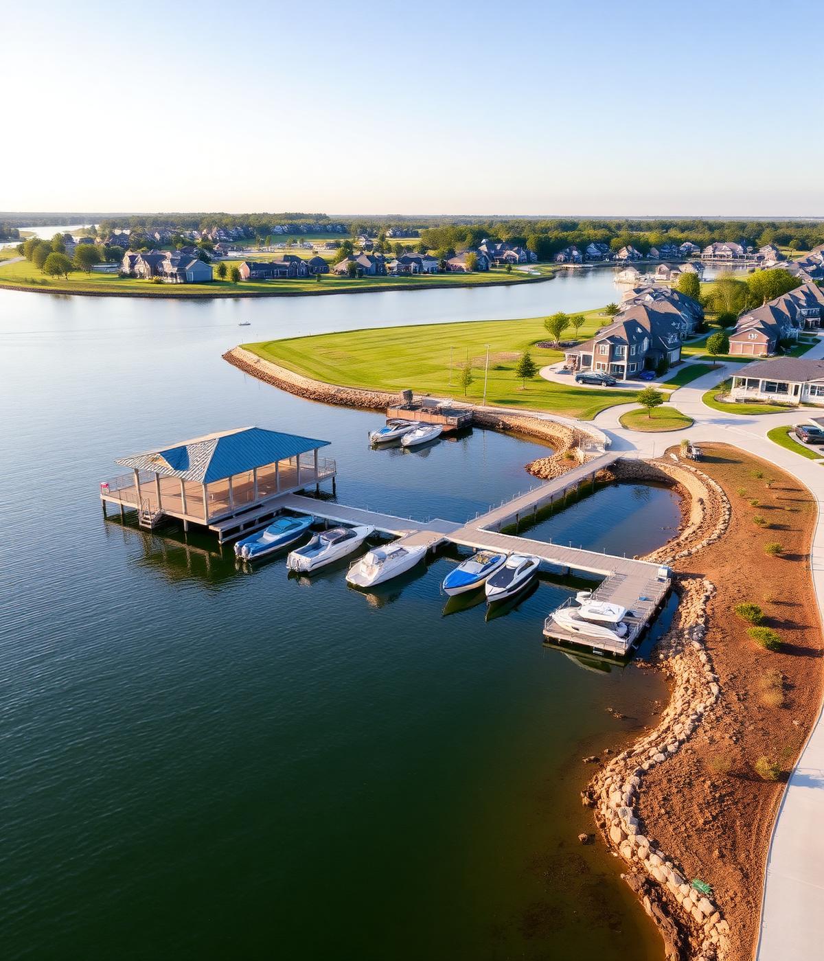 Community dock facility with multiple boat slips on a southeastern lake