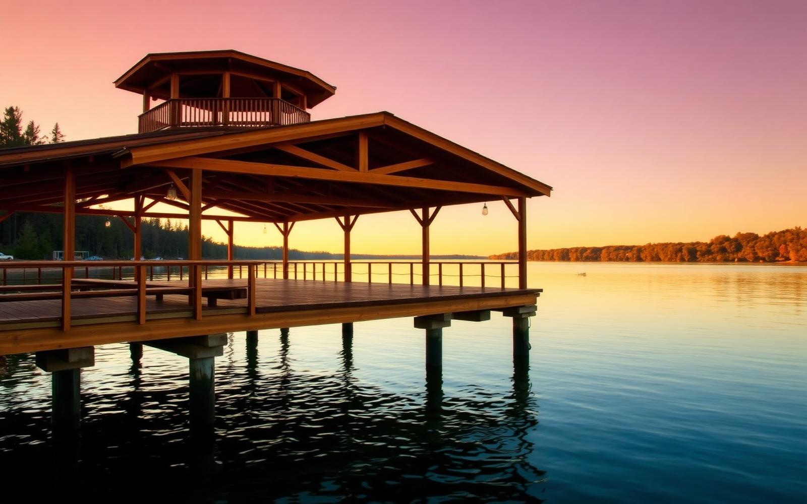 Covered wooden boat dock on a Tennessee lake at golden hour